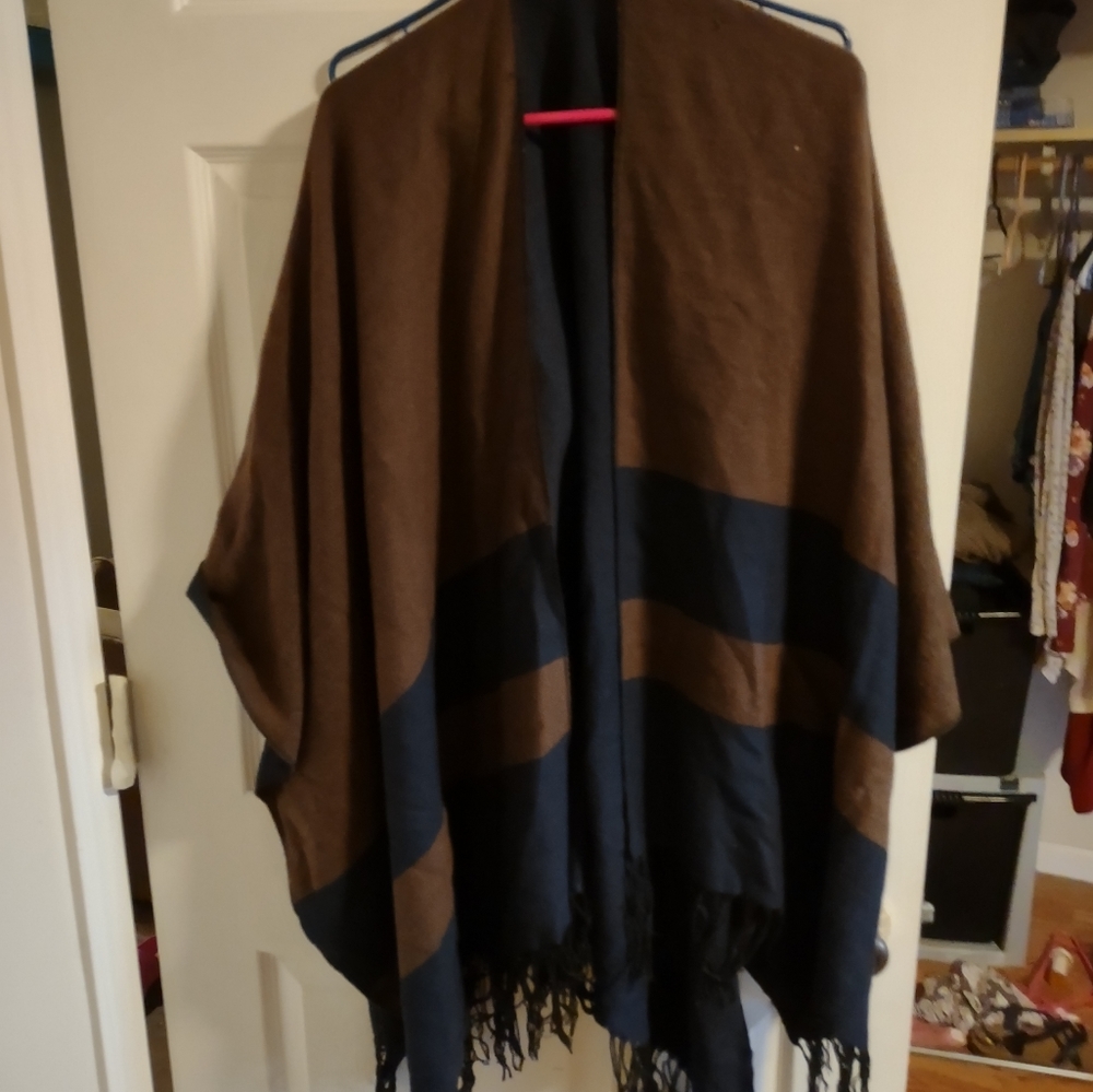 Sakkas Avi Women's Reversible Open Front Poncho Cardigan Ruana Cape Shawl W/Frin